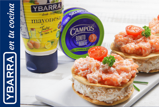 Milhojas de crema de bonito, salmón y mayonesa Ybarra