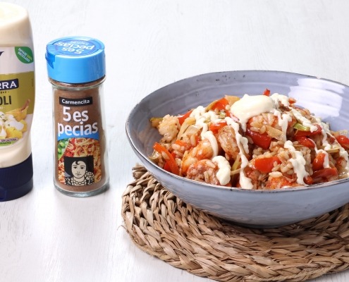 wok de gambones y alioli