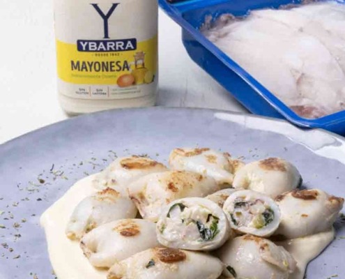 Calamares rellenos de gambones con Mayonesa Ybarra